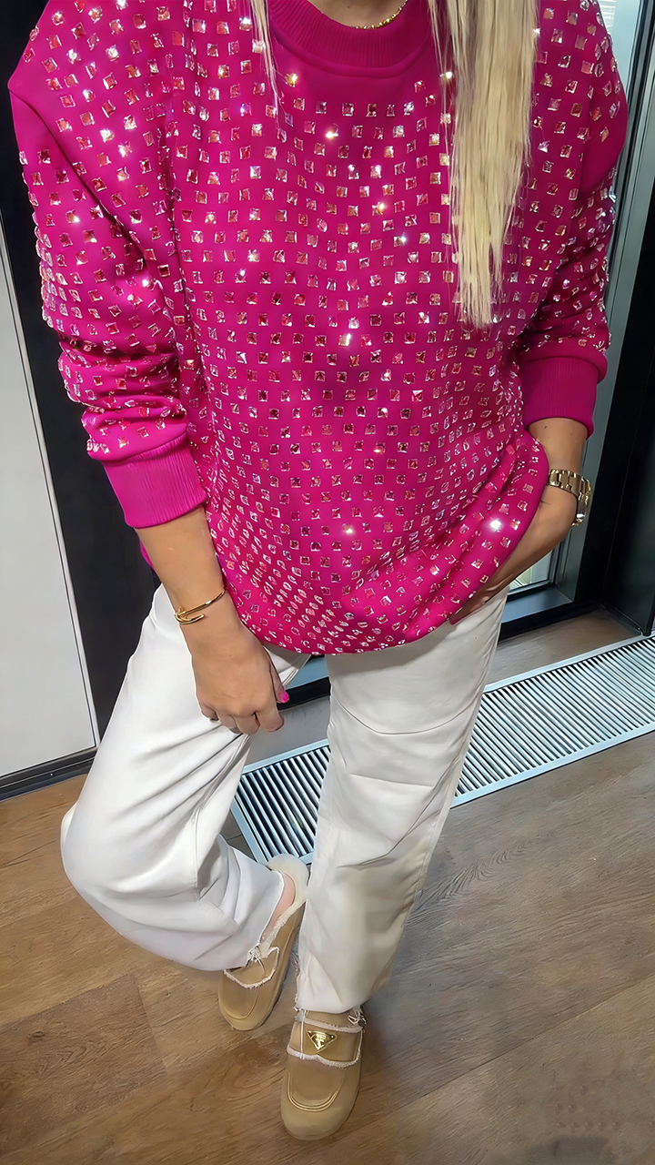 Women's Crew Neck Rhinestone Casual Sweatshirt