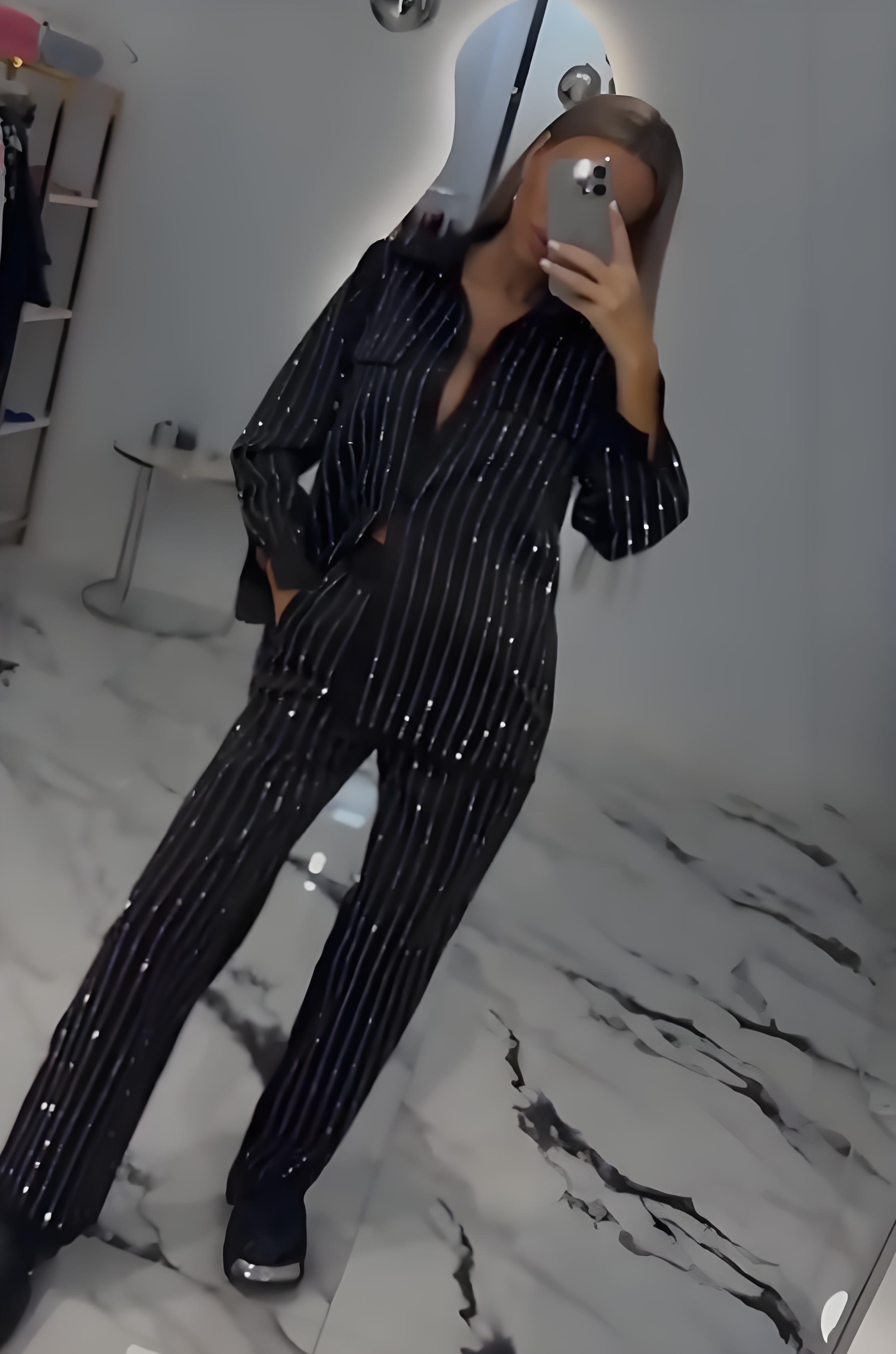Women's V-neck Striped Gold-stamped Casual Suit