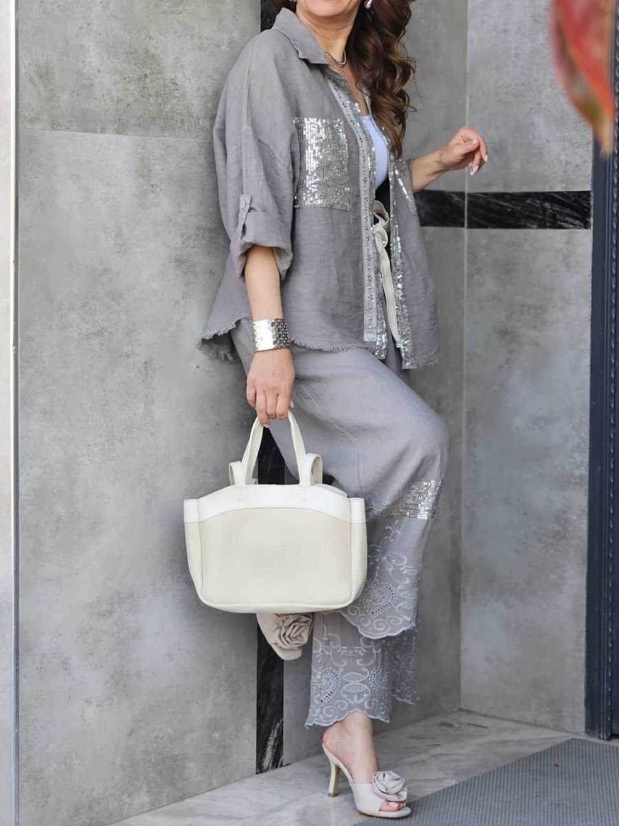 Linen Shirt With Gem Sequin Details and Embroidered Wide-Leg Pants Casual Set