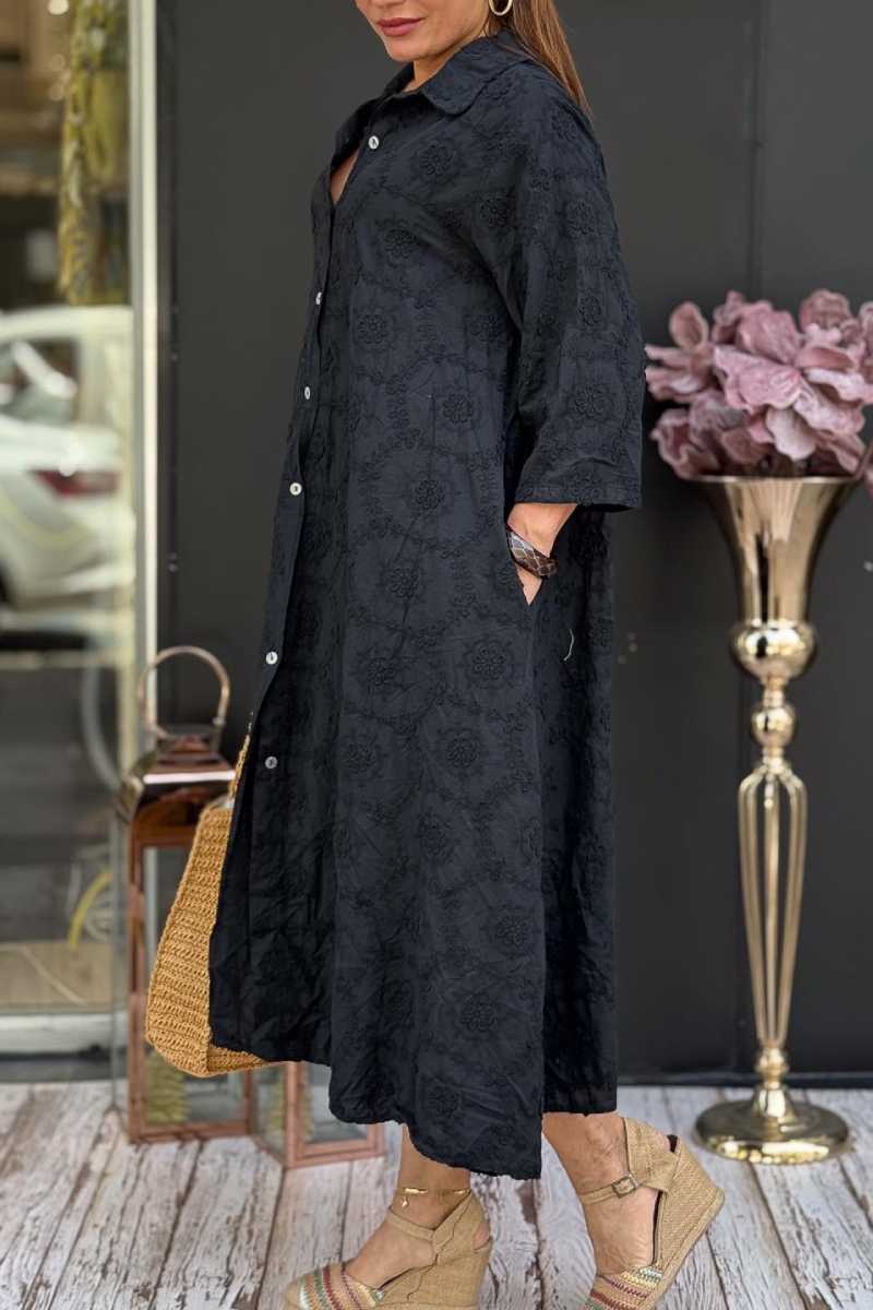 Embossed Floral Detailed Full Length Cotton Shirt Dress