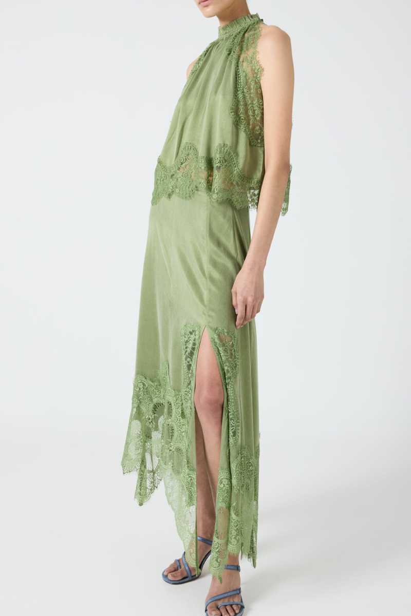 Lace Trim Midi Skirt Set with Sleeveless Halter Neck Top