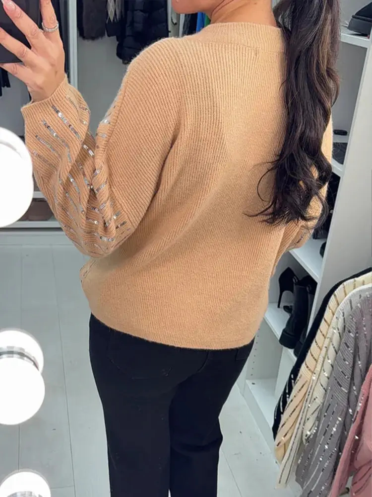 Women Round Neck Vertical Striped Sequined Casual Knit Top