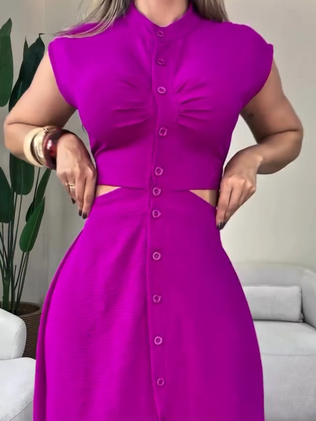 Cut-Out Midi Dress with Button Front