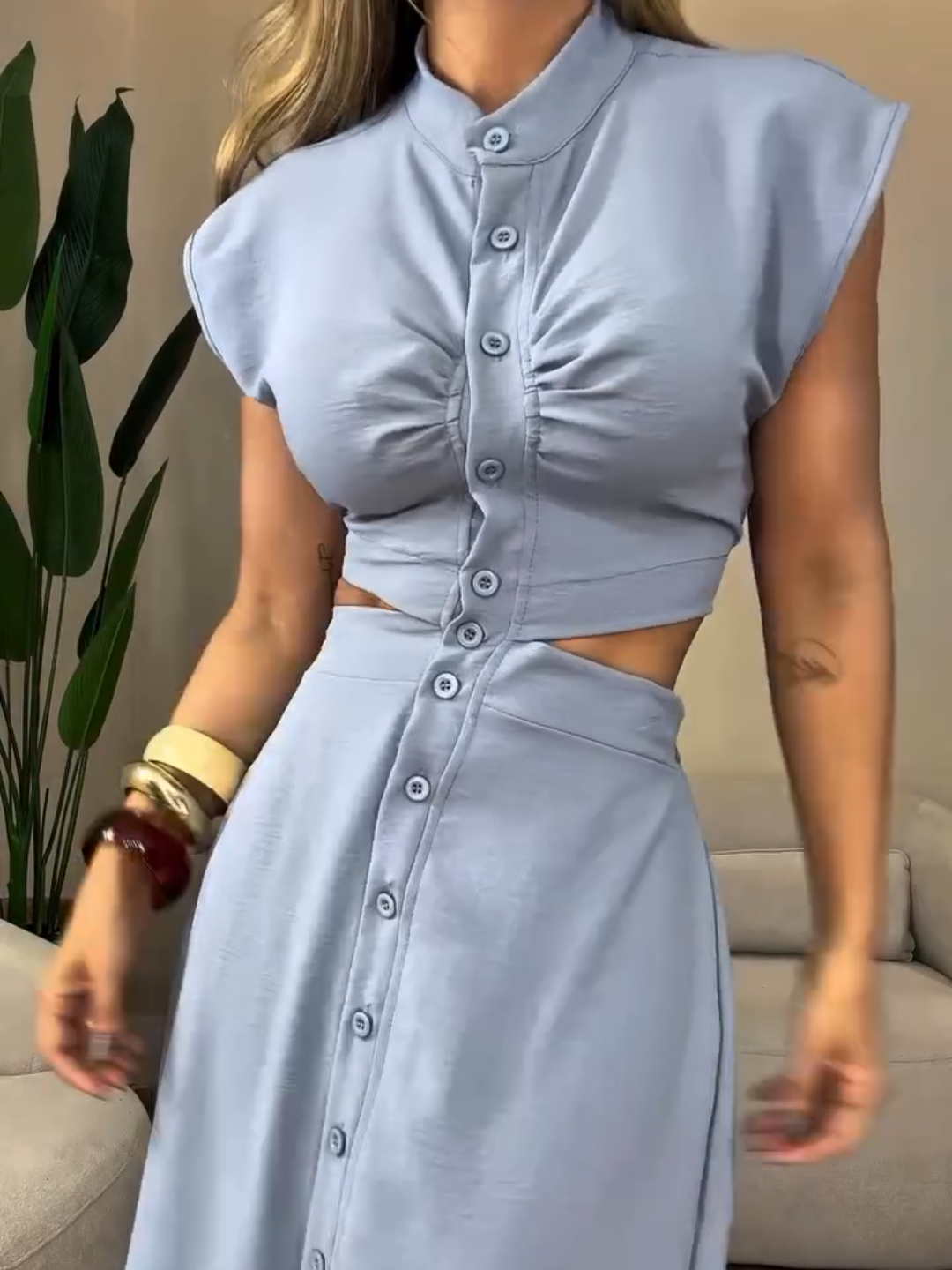 Cut-Out Midi Dress with Button Front