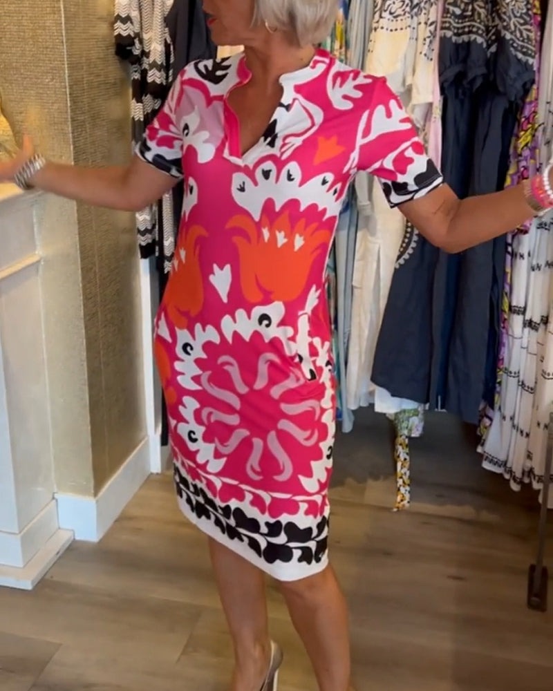 Short-Sleeve Printed V-Neck Dress