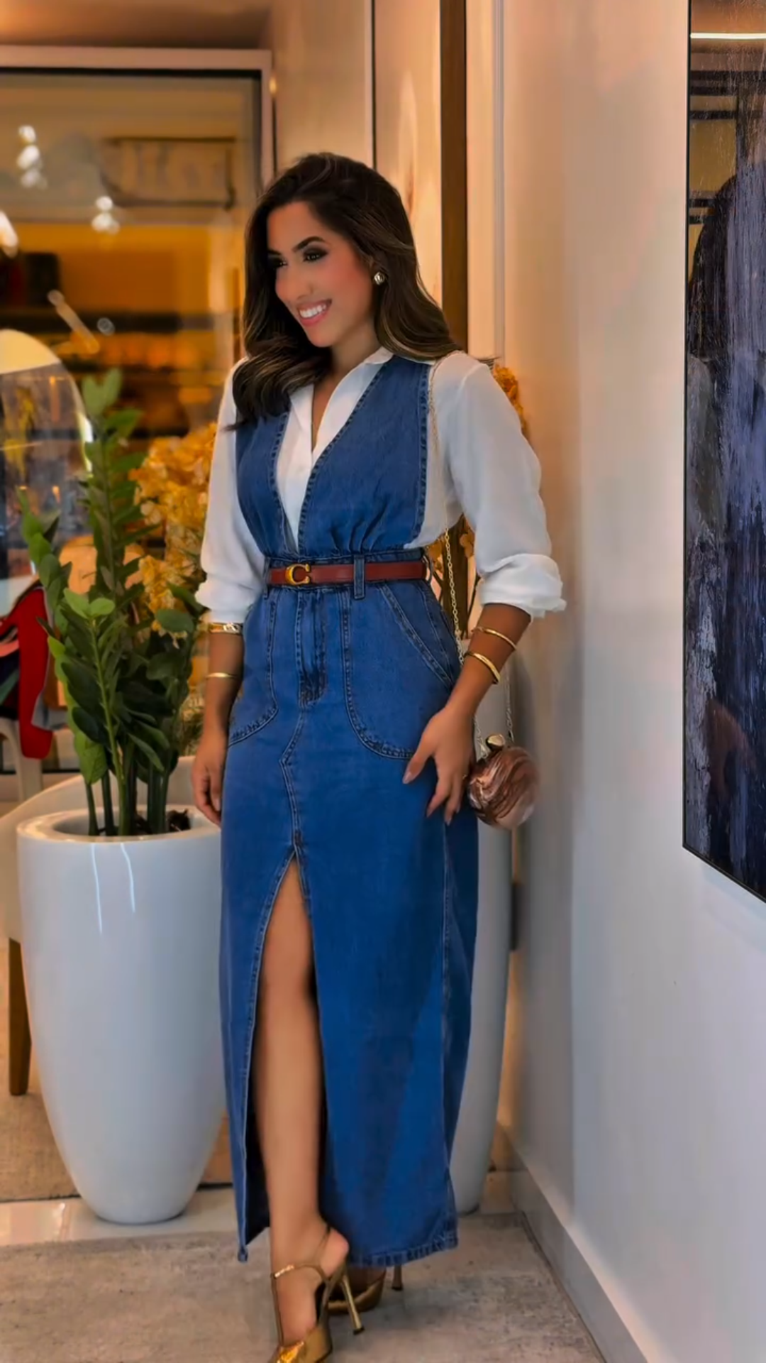 Women's Denim Maxi Dress with Belt and Side Slit