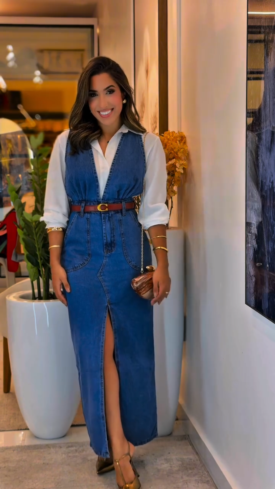 Women's Denim Maxi Dress with Belt and Side Slit