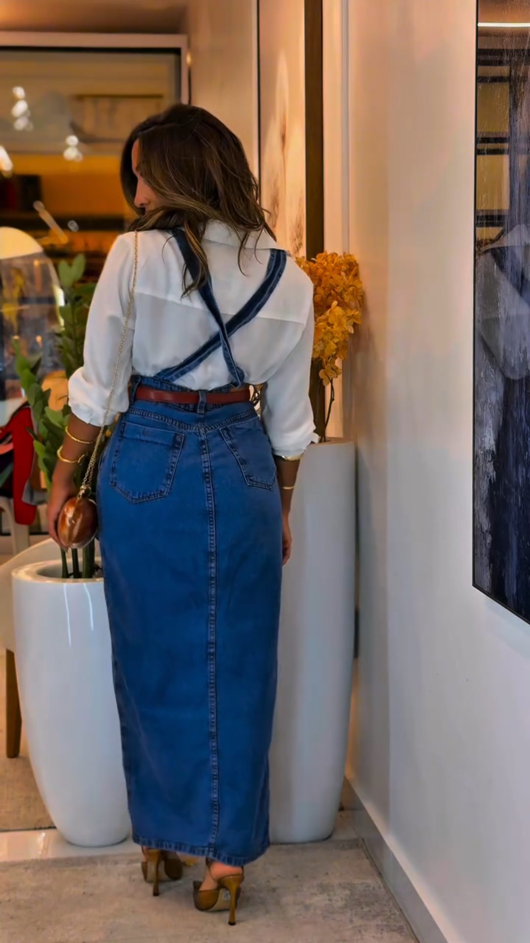 Women's Denim Maxi Dress with Belt and Side Slit