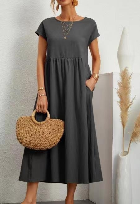 SHORT SLEEVE COTTON AND LINEN DRESS