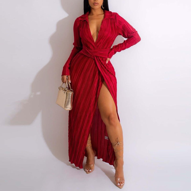 Elegant Long Sleeve Split Maxi Dress