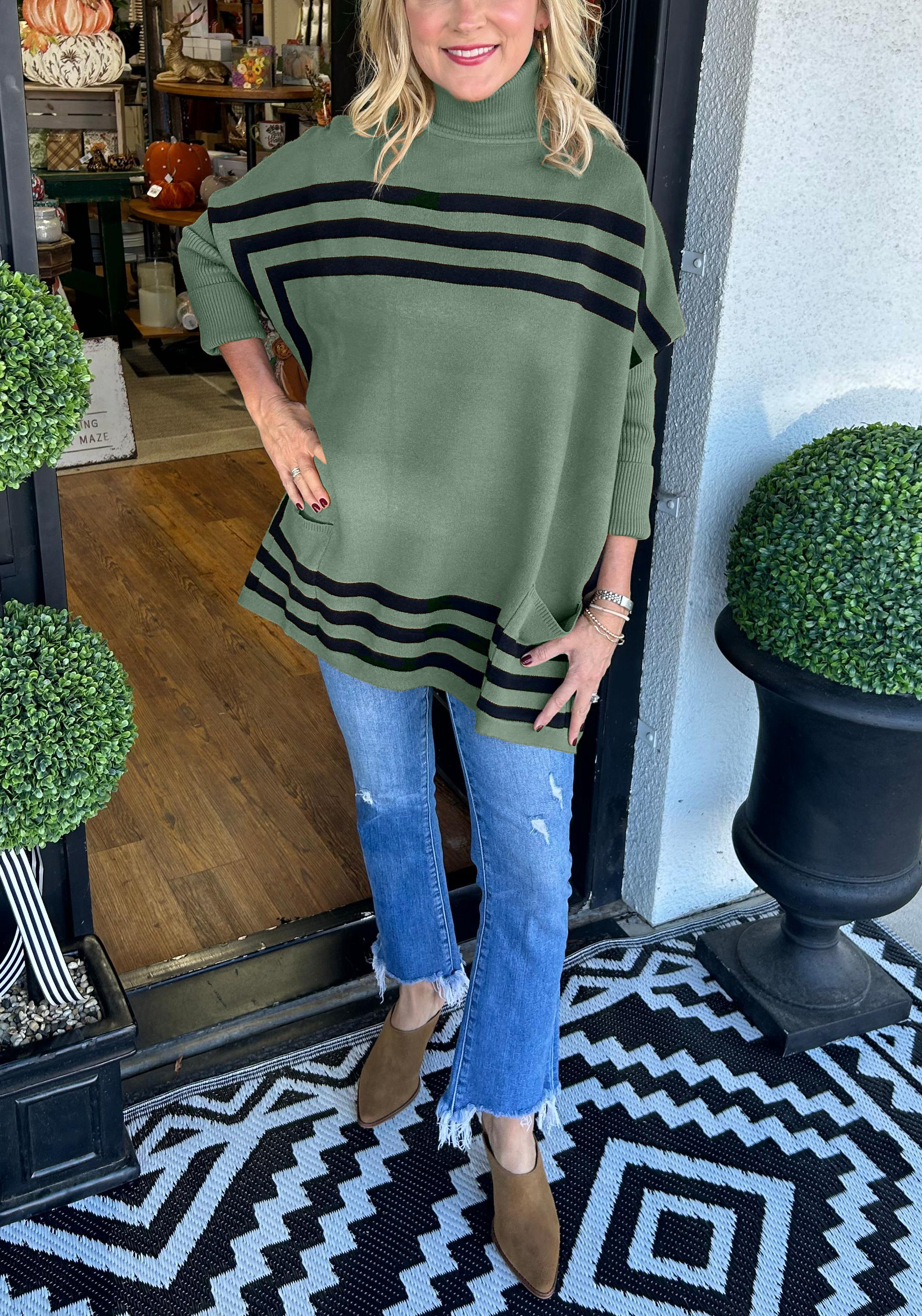Turtleneck bat sleeve striped sweater (Buy 2 Free Shipping)