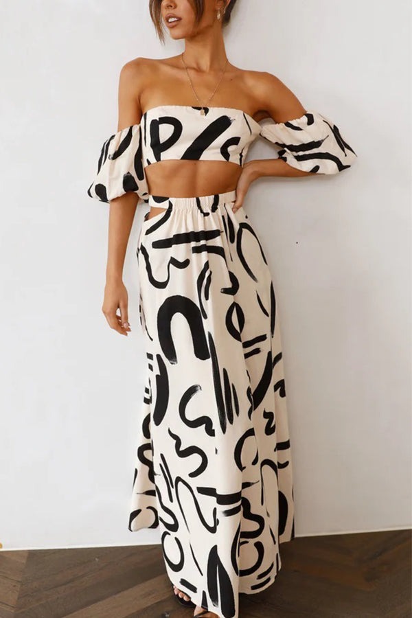 Printed Off Shoulder Crop Top and Pocketed Cutout Maxi Skirt Set