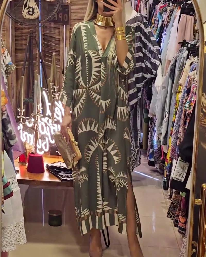 Vintage Botanical Print Deep V Slit Dress