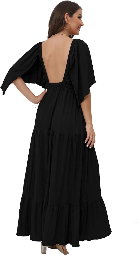 Tiered Silhouette with Flutter Sleeves Maxi Dress