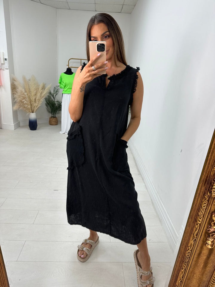 Plain Frayed Linen Pocket Dress