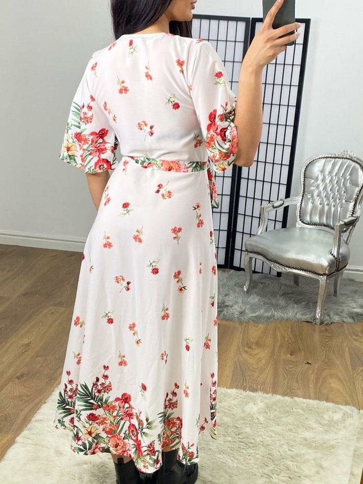 White Floral Dipped Hem Wrap Summer Dress
