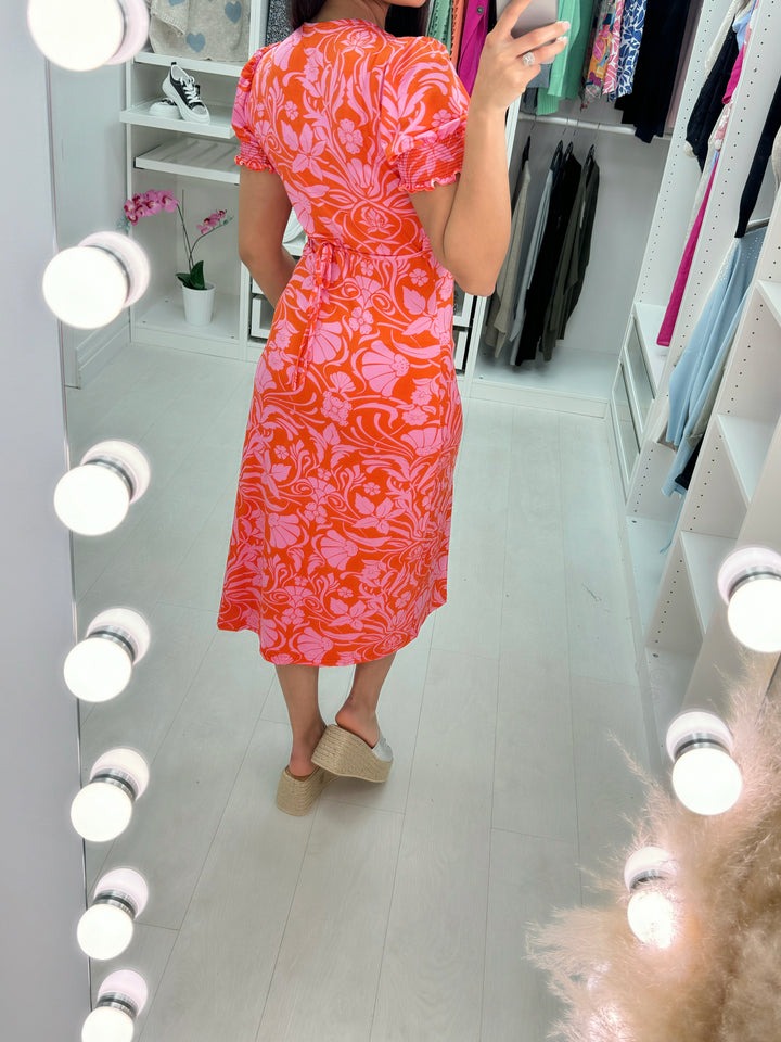 V Neck Floral Print Midi Dress