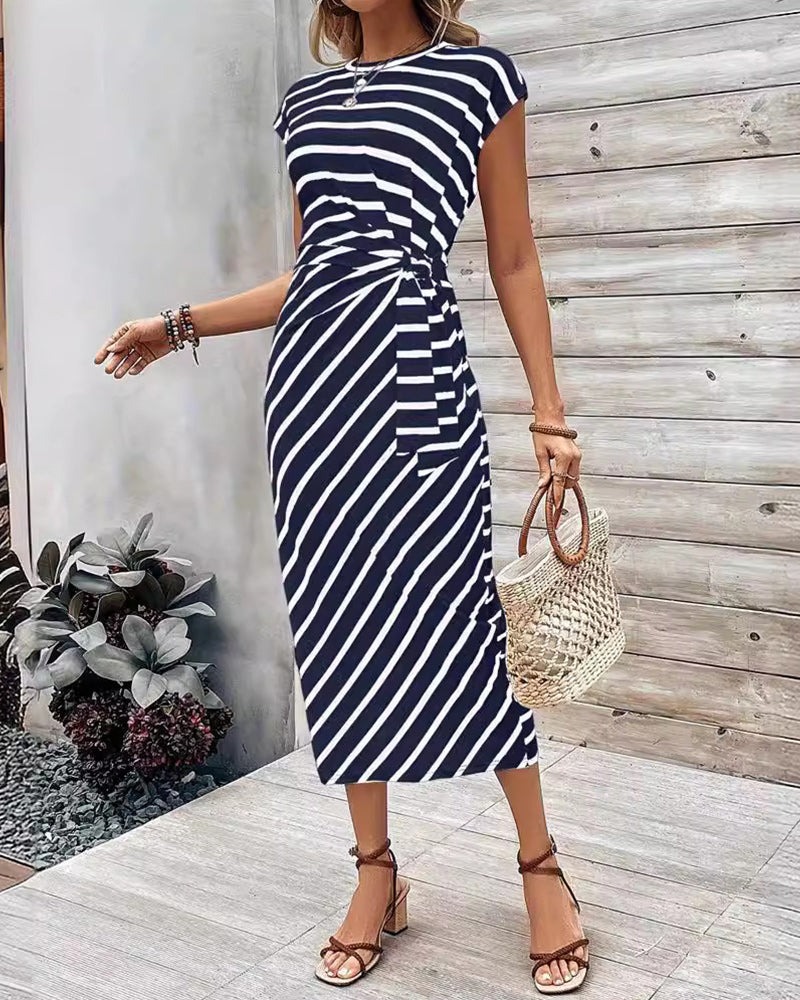 Fashion Striped Printed Strappy Raglan Sleeve Slim Dress