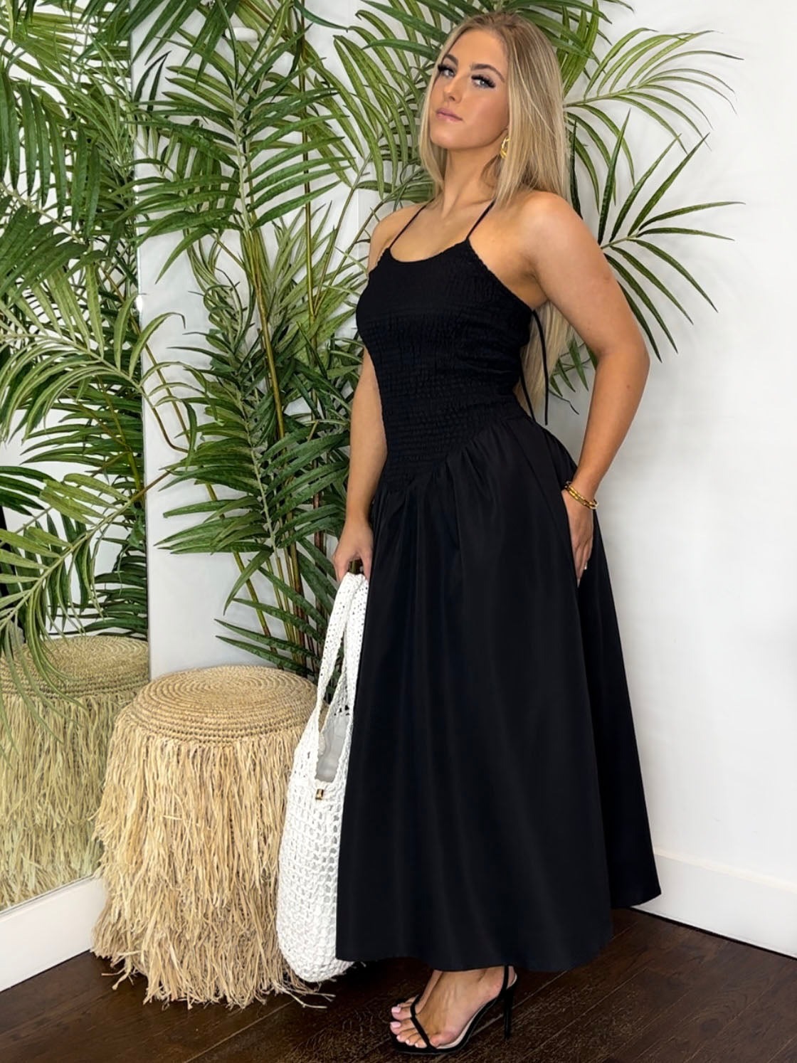 Shirring bodice detail midi dress with tie straps