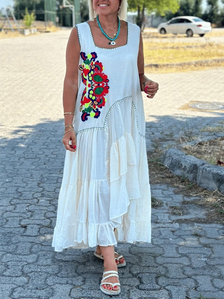 Casual Printed Patchwork Cotton And Linen Dress