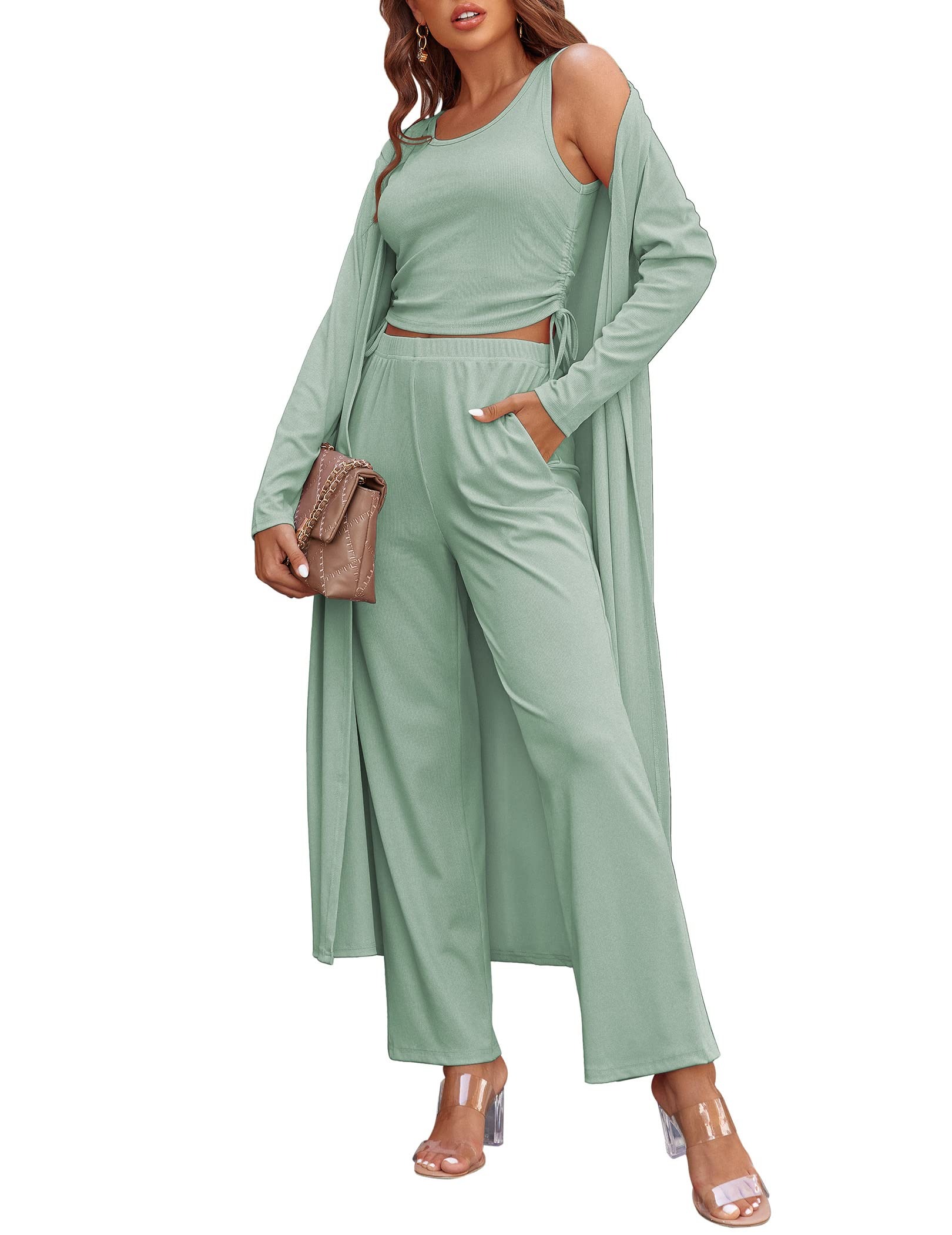 Long-sleeved cardigan top and pants pocket three-piece set