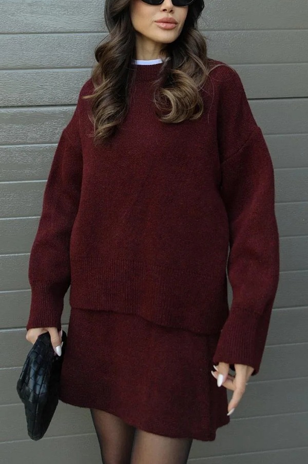 Solid Color Casual Knit Top and Knit Stretch Mini Skirt Set