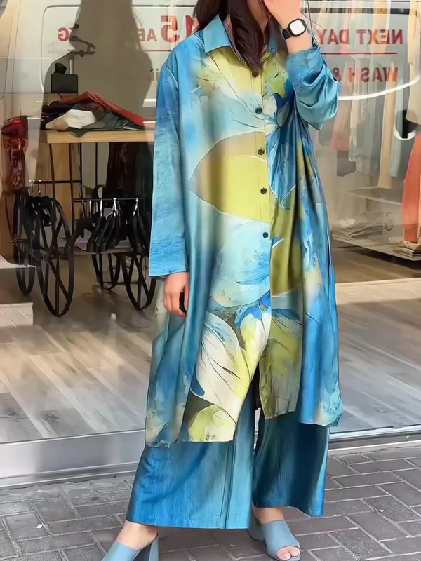 WOMEN FASHION LAPEL PRINT SHIRT AND PANTS TWO-PIECE SET