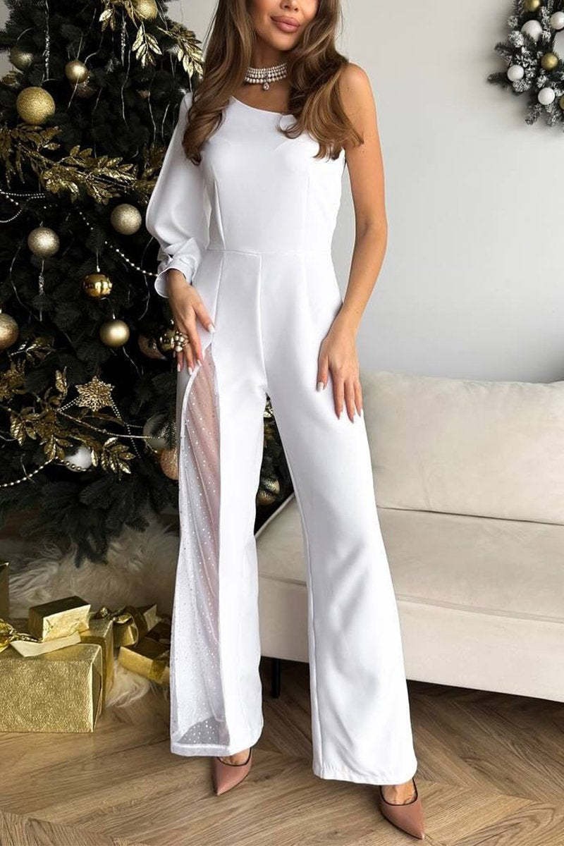 Casual Oblique Collar Split Chiffon Patchwork Jumpsuit
