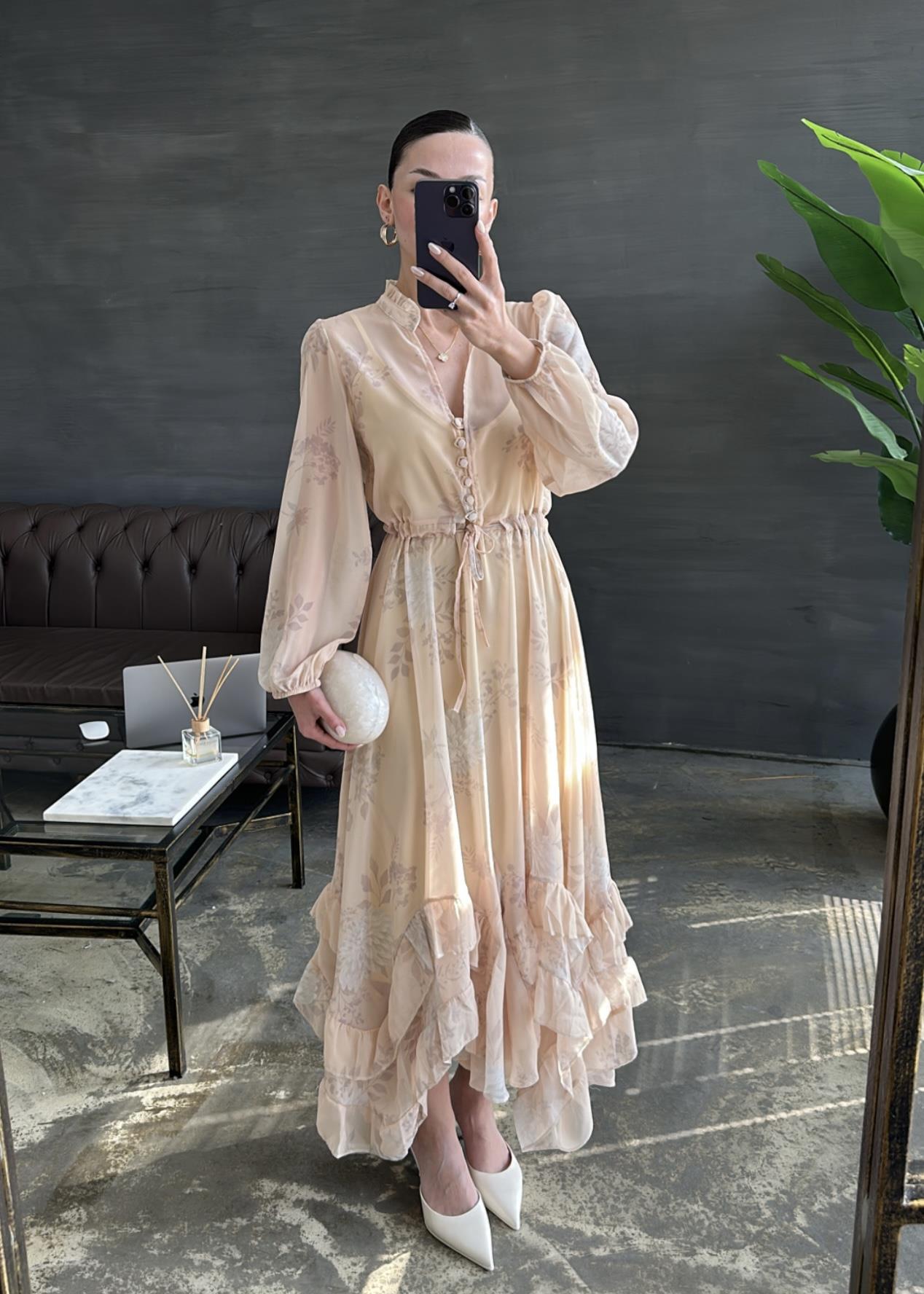 Floral Chiffon Maxi Dress with Asymmetrical Ruffle Hem