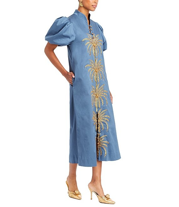 Poplin Palm Leaf Embroidery Mandarin Collar Short Puff Sleeve Midi Dress