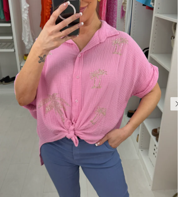 Embellished palm tree denim shirt
