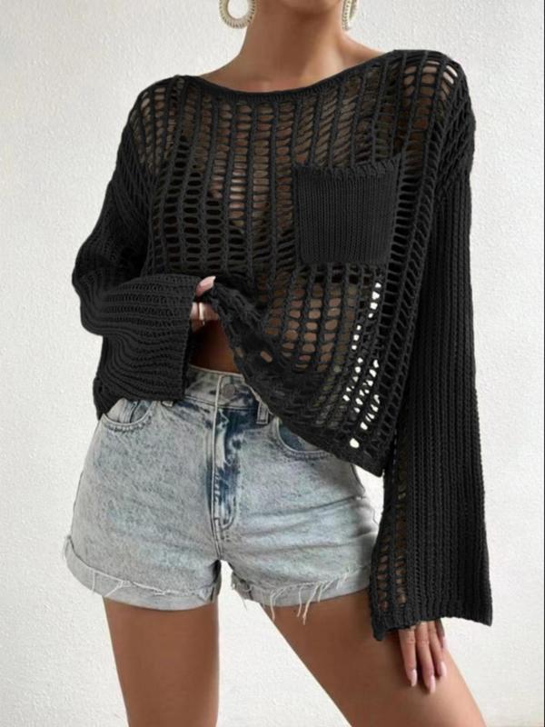 Solid Hollow Out Round Neck Casual Pocket Drop Shoulder Long Sleeve Jumper