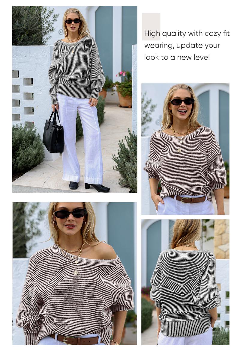 EVALESS Sweaters for Women Oversized Crewneck Batwing Sleeve Knitwear Casual Ribbed Two Tone Striped Thick Pullover Sweater 2025 Fashion Womenswear Fall Winter Outfits Tops