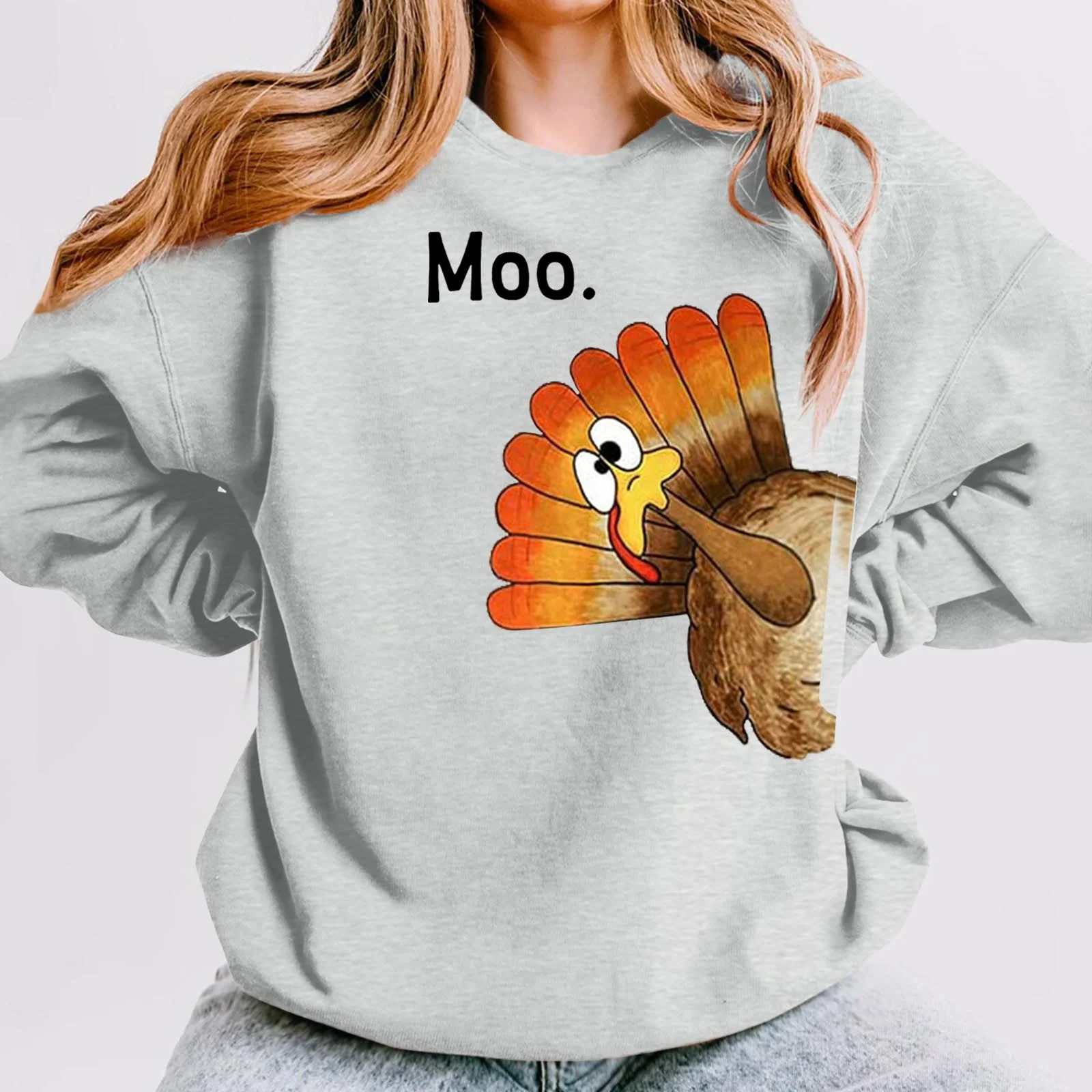  Womens Crweneck Sweatshirts Thanksgiving Funny Moo Turkey Print Pullover 