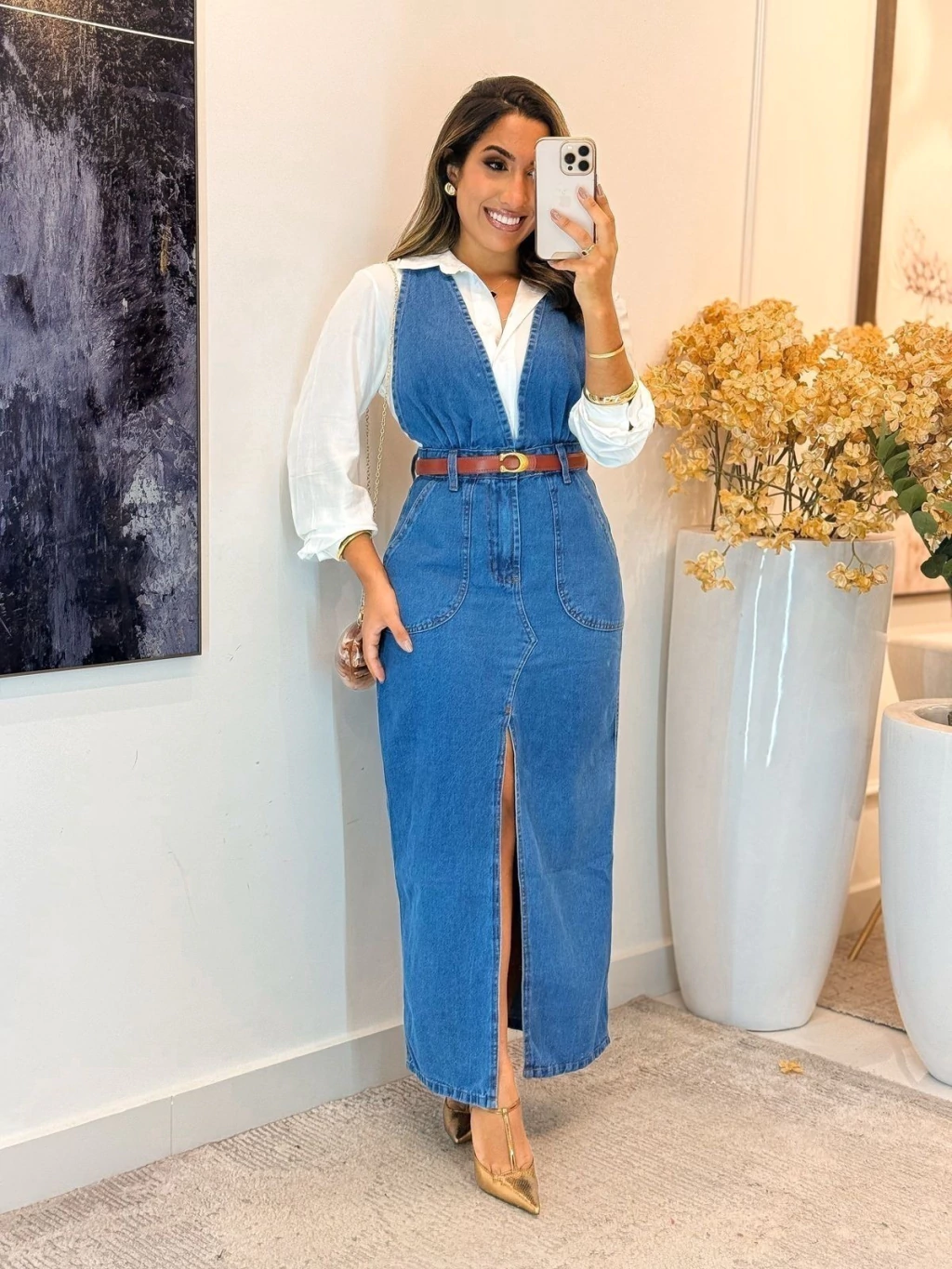 Women's Denim Maxi Dress With Belt And Side Slit