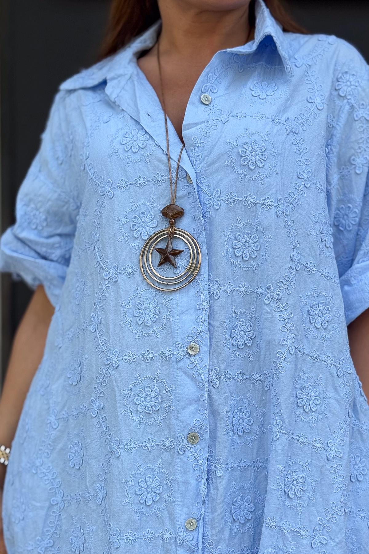 Embossed Floral Detailed Full Length Cotton Shirt Dress