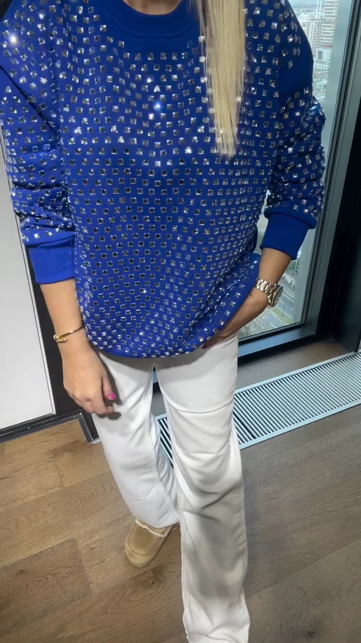 Women's Crew Neck Rhinestone Casual Sweatshirt