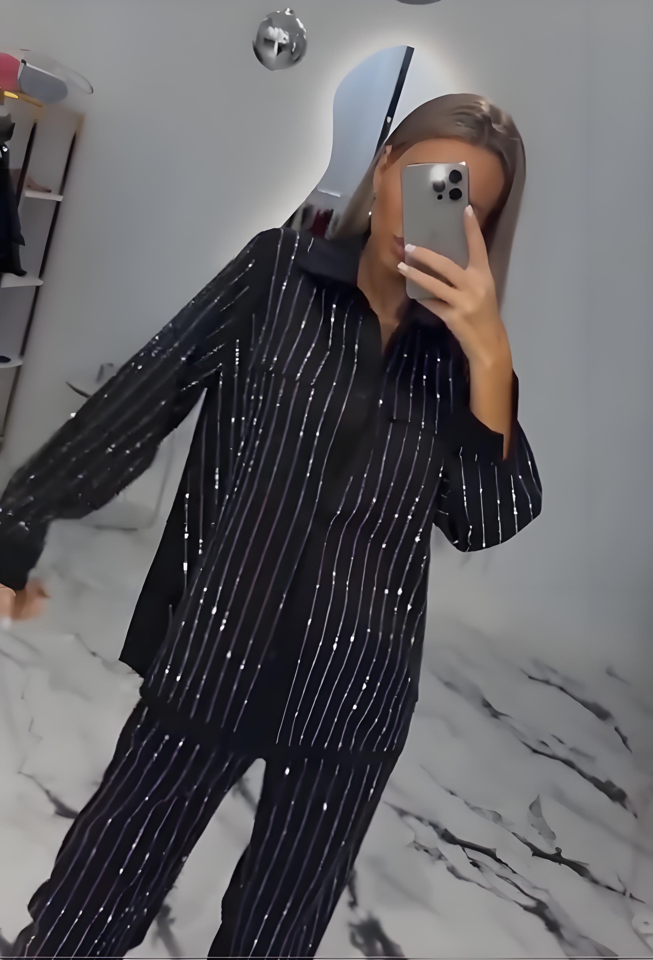 Women's V-neck Striped Gold-stamped Casual Suit