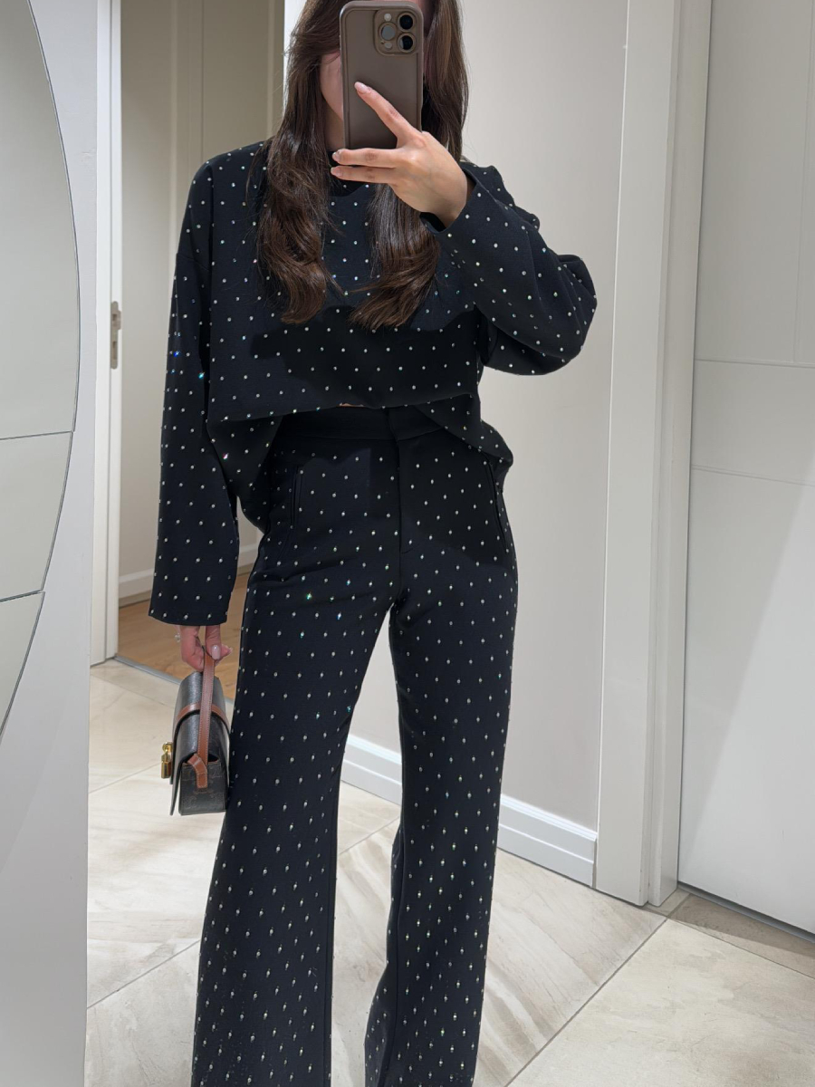 Black Round-Neck Rhinestone Trouser Two-Piece Suit