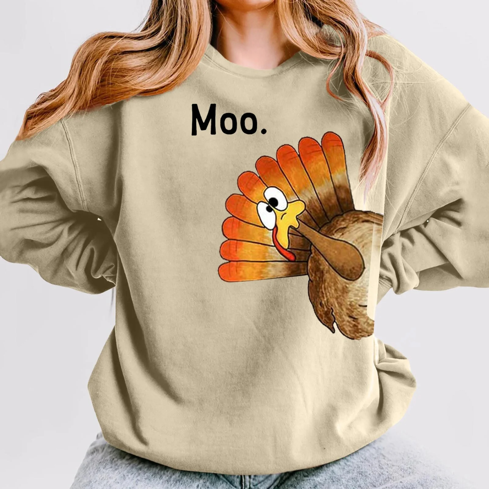  Womens Crweneck Sweatshirts Thanksgiving Funny Moo Turkey Print Pullover 