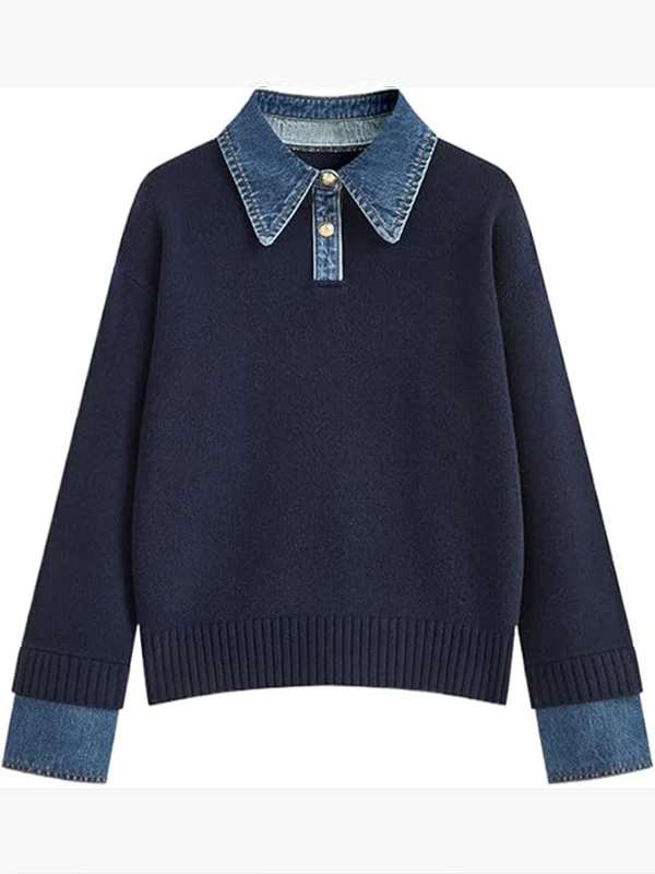 Women Laple Collar Denim Patchwork Sweater Casual Top
