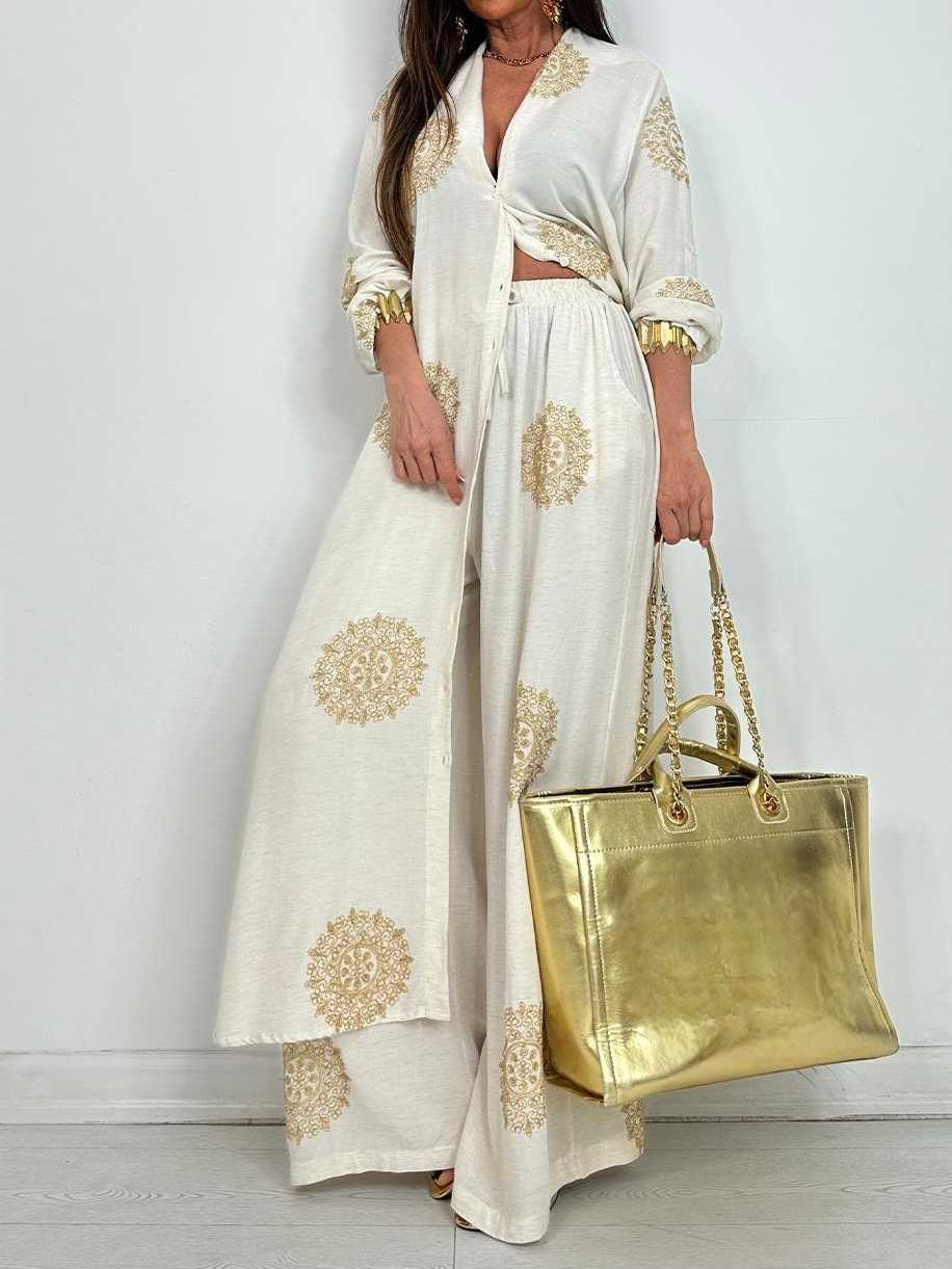 Embroidered Shirt Midi Top And Wide-Leg Pants Set