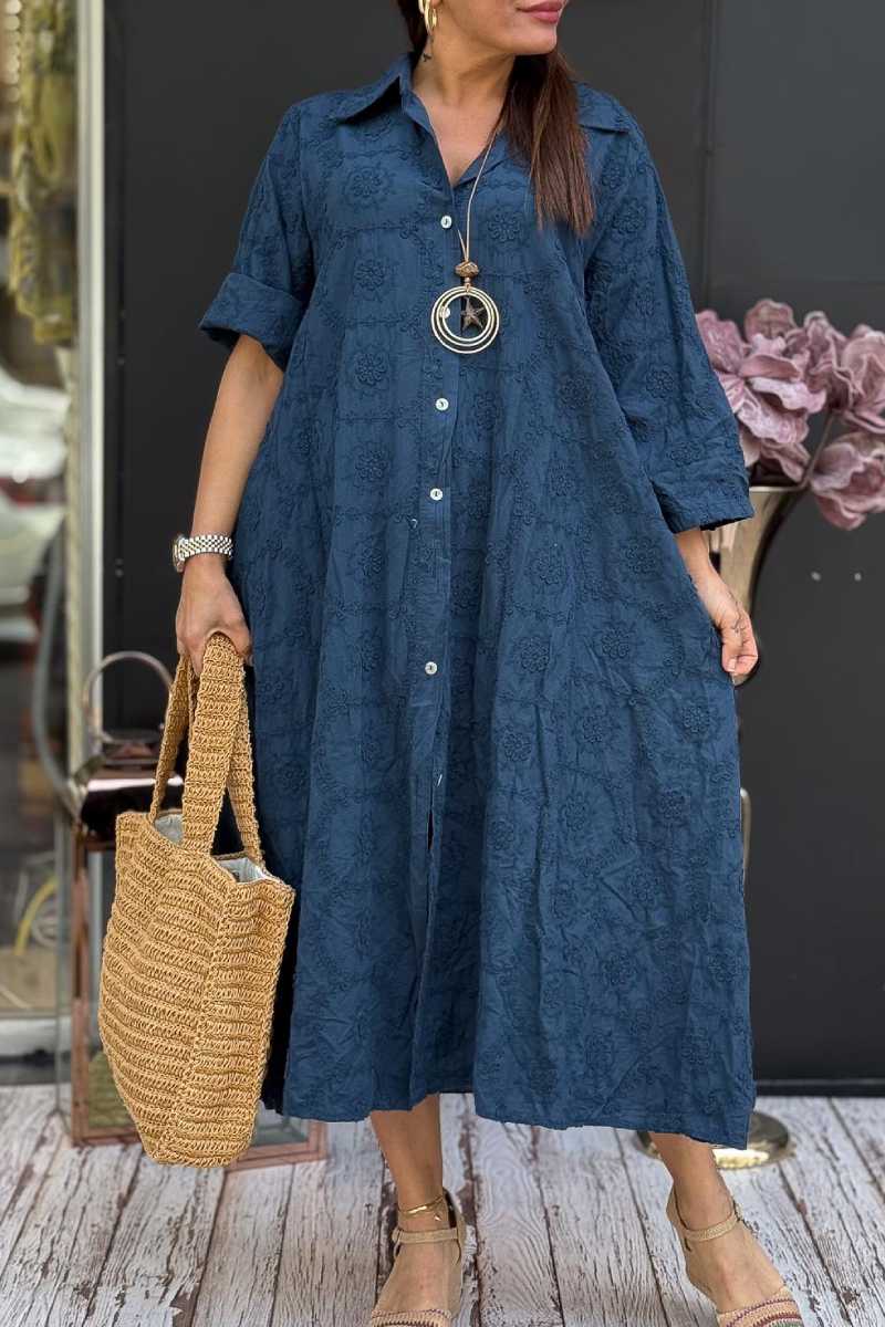 Embossed Floral Detailed Full Length Cotton Shirt Dress