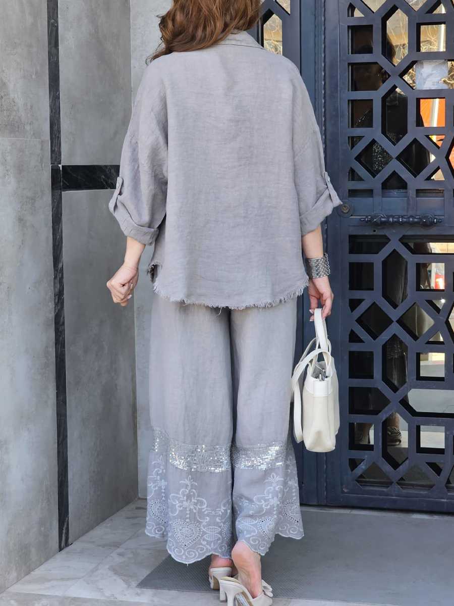 Linen Shirt With Gem Sequin Details and Embroidered Wide-Leg Pants Casual Set