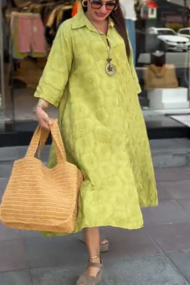 Embossed Floral Detailed Full Length Cotton Shirt Dress
