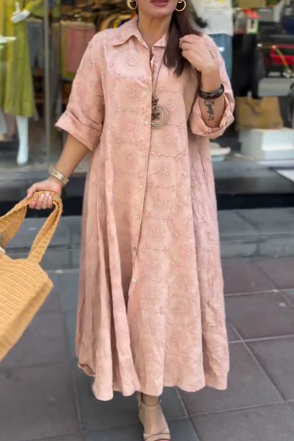 Embossed Floral Detailed Full Length Cotton Shirt Dress