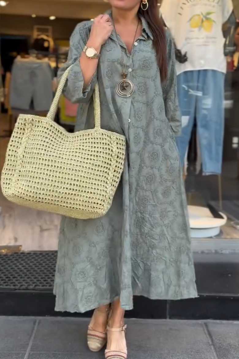 Embossed Floral Detailed Full Length Cotton Shirt Dress
