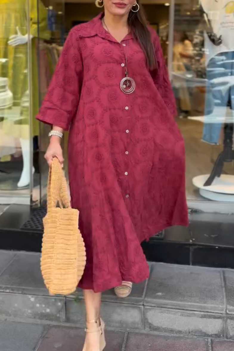 Embossed Floral Detailed Full Length Cotton Shirt Dress