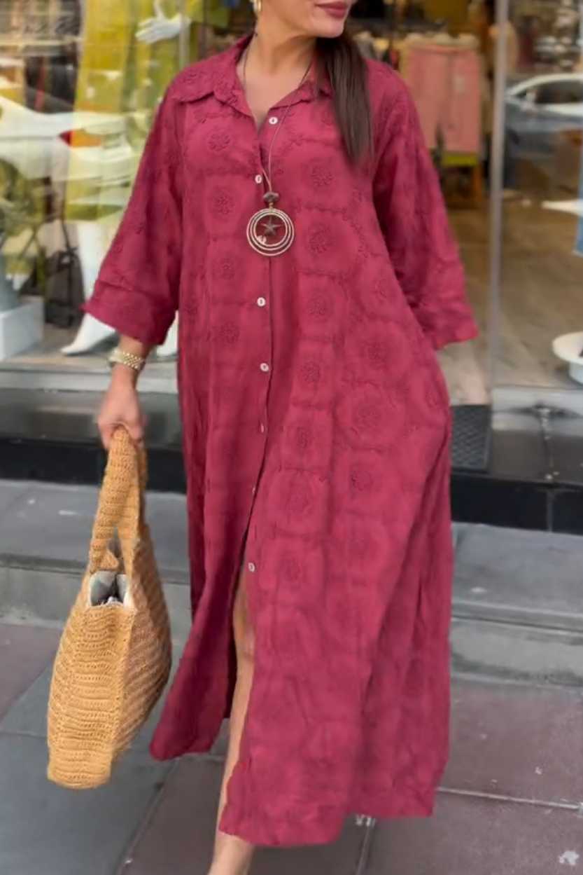 Embossed Floral Detailed Full Length Cotton Shirt Dress
