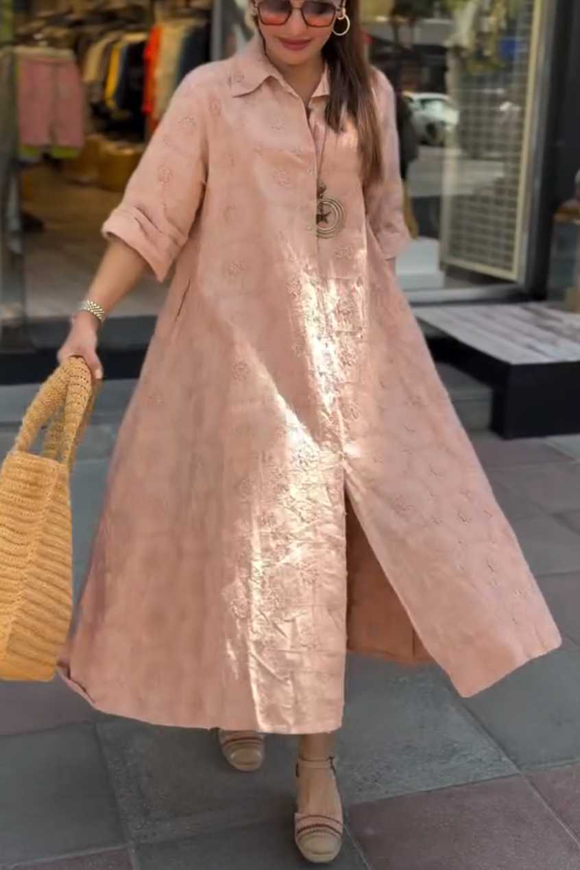 Embossed Floral Detailed Full Length Cotton Shirt Dress
